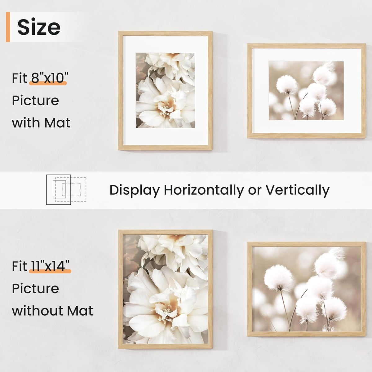 11x14 inch Picture Frame, 11x14 Photo Frames with 8x10 Removable Mat - High Definition Plexiglass
