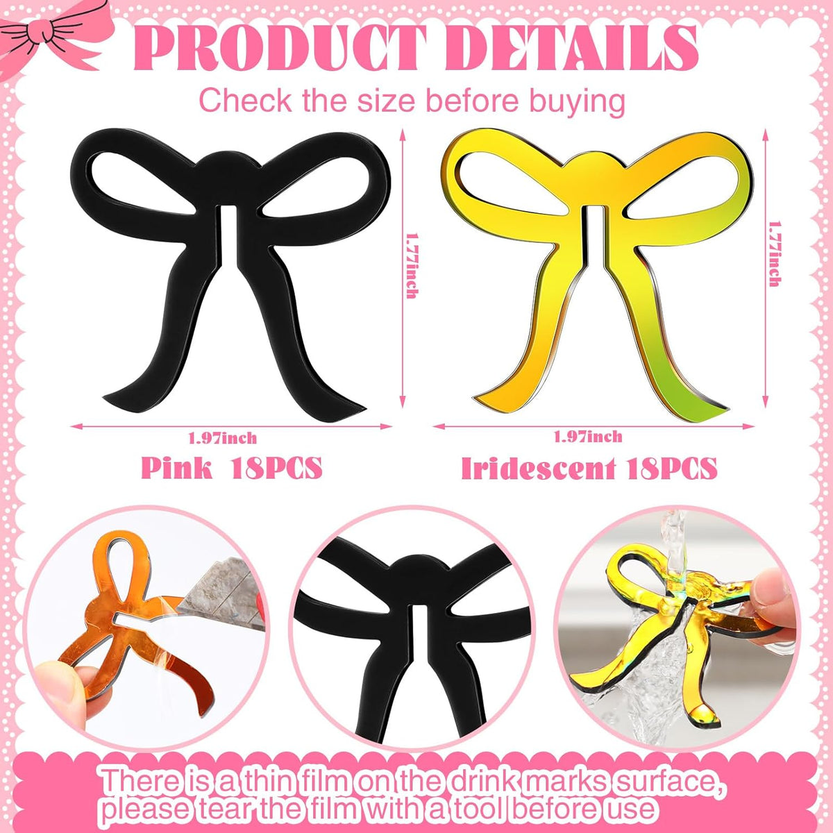 36 Pcs Bow Drink Markers Acrylic Drink Tags Bowknot Wine Glass Charms for Bachelorette Coquette