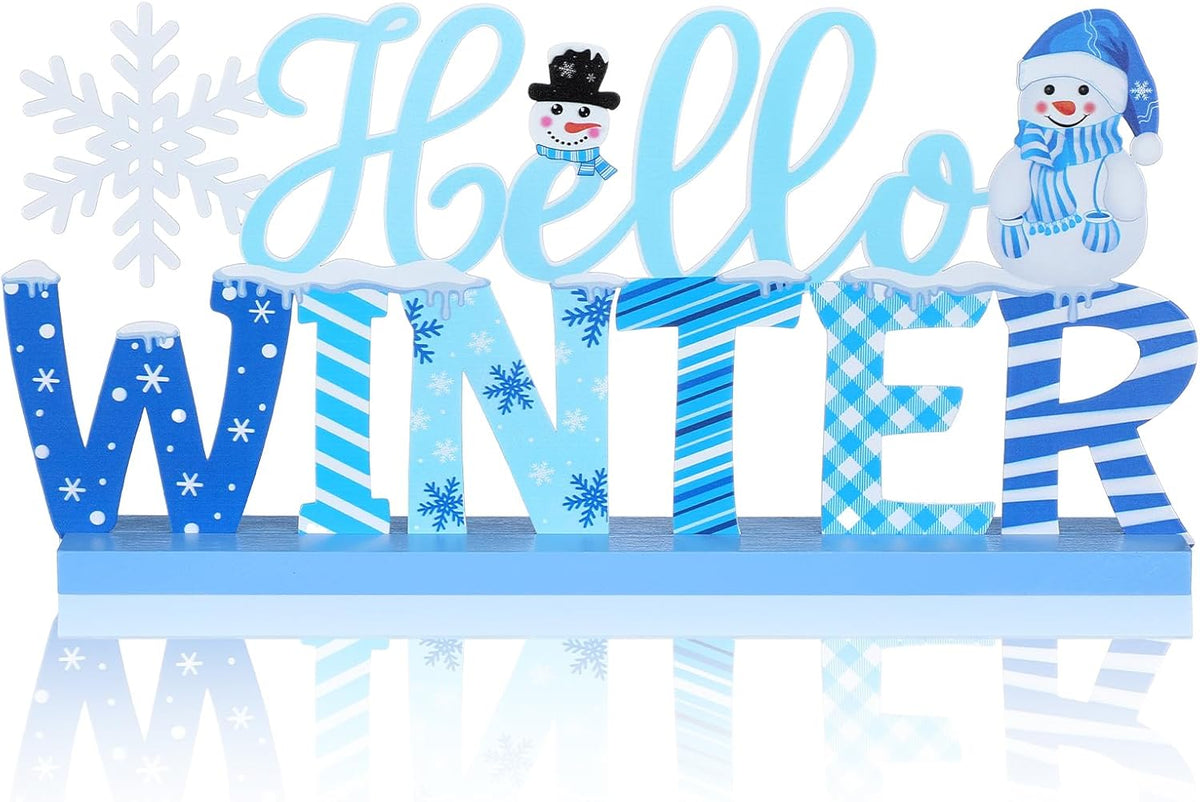 Winter Metal Sign Hello Winter Table Decor Christmas Tiered Tray Decor with Wooden Base Metal Blue