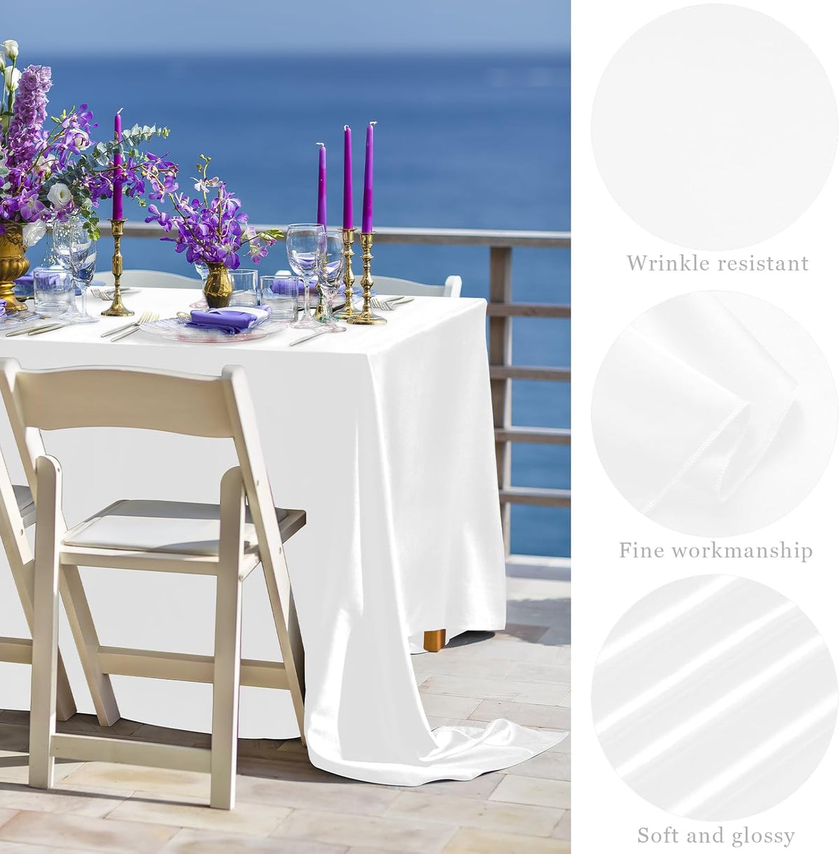 TURSTIN 1 Pack White Satin Tablecloth 102 x 58 Inch Overlay Satin Table Cover Rectangle Bright Silk