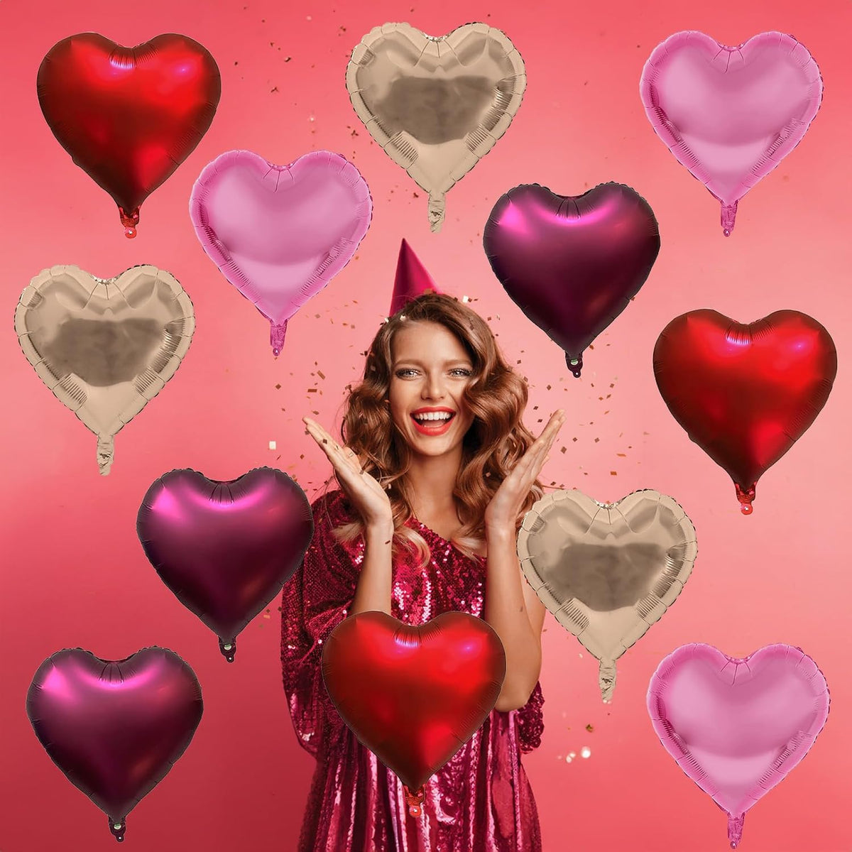 Wine Red Heart Balloons, 18 Inch 12 Pcs Burgundy Red and Pink Foil Heart Balloons Red and Rose Gold