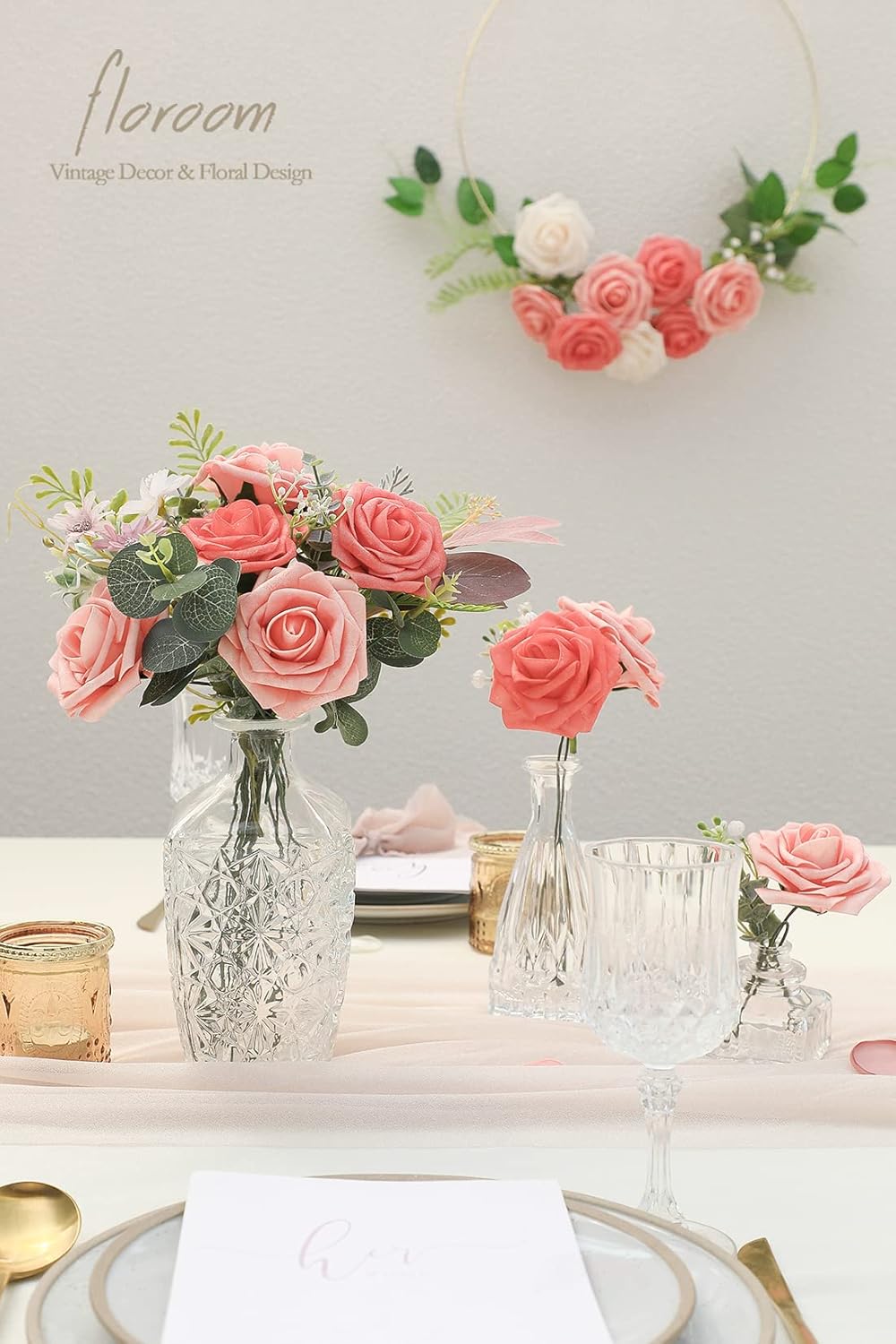 Floroom Artificial Flowers 25pcs Real Looking Mixed Living Coral Foam Fake Roses with Stems for DIY