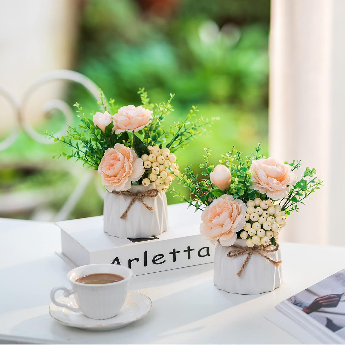 BLOSMON Table Decor Artificial Flowers Vase 7 Inch Small Fake Champagne Flower Arrangement 2pcs
