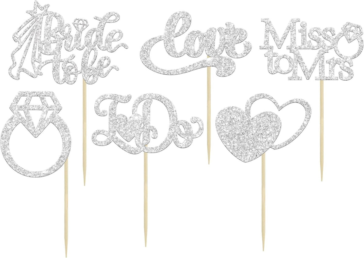 Gyufise 24Pcs Bride to Be Cupcake Toppers Silver Glitter I Do Love Heart Ring Miss To Mrs Cupcake