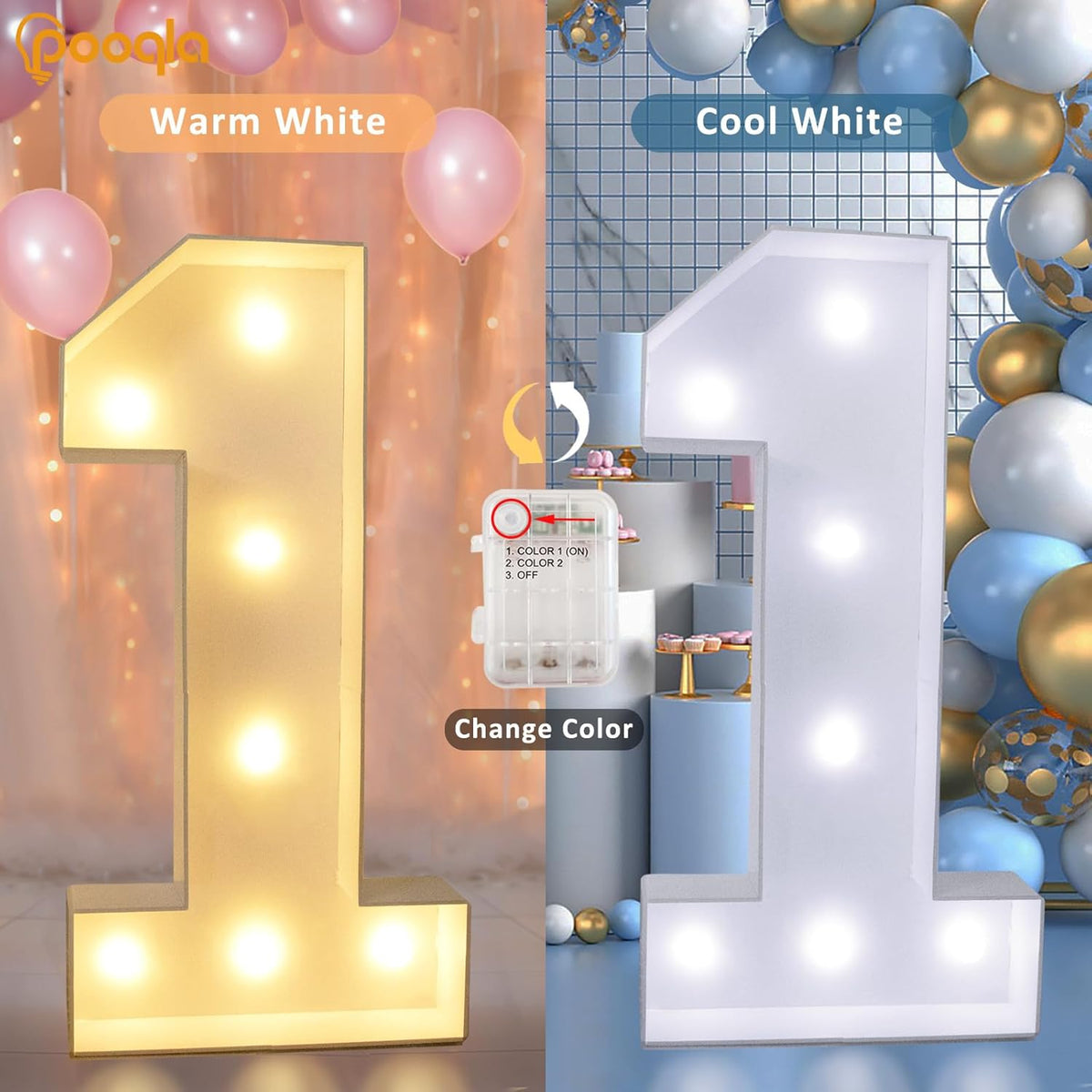 Pooqla 3FT Light Up Marquee Numbers, Cool White and Warm White LED Large Lighted Marquee Numbers