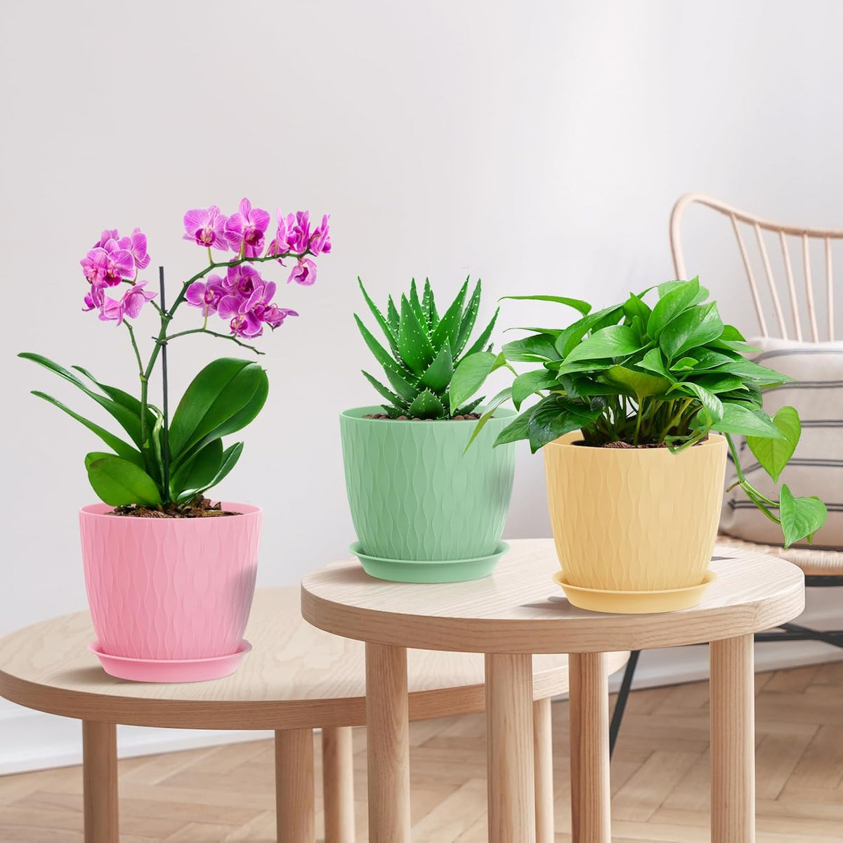 7 inch Plant Pots, 5 Pack Flower Pots with Drainage Holes and Saucers for Indoor Plants, Plastic