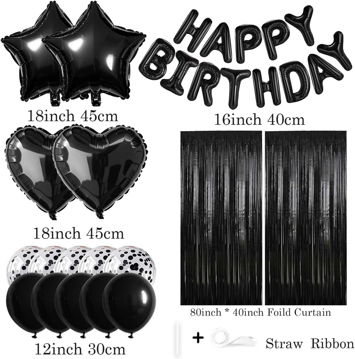 29 Pcs Black Birthday Party Decorations - Happy Birthday Balloons Banner, Heart & Star Foil