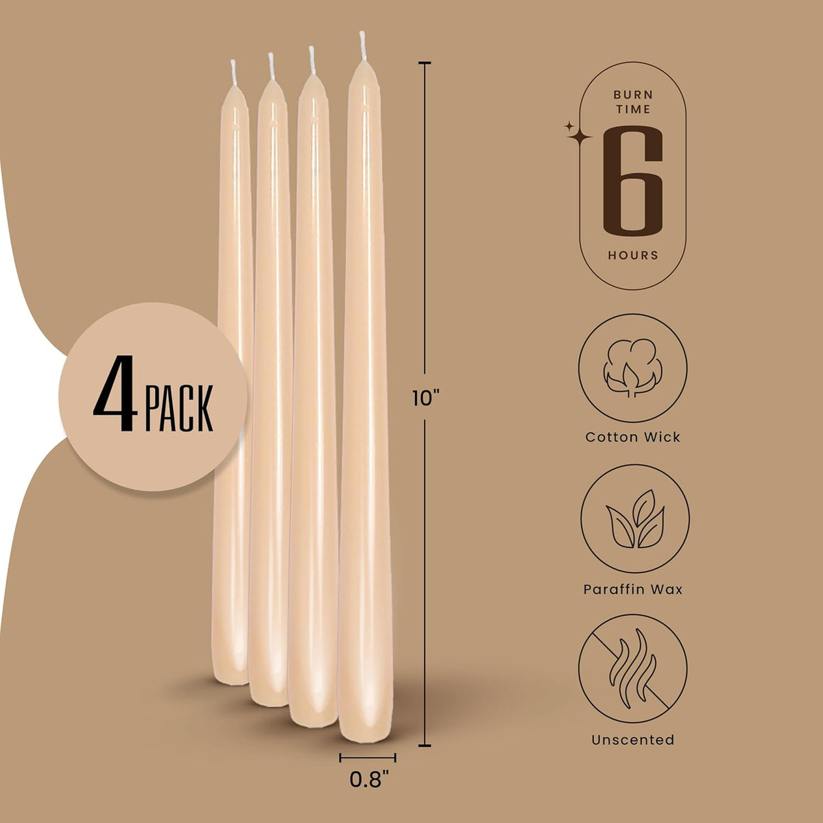 Leor & Lair Beige Taper Candles - 4 Pack 10" Beige Candlesticks - Unscented Long Burning Tapered
