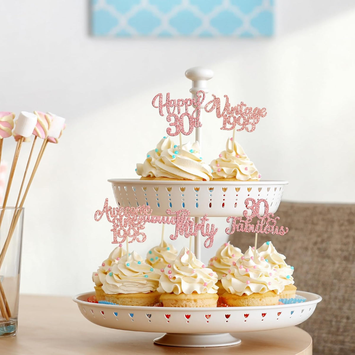 30Pcs Vintage 1995 Cupcake Toppers Glitter Thirty 30 Fabulous Happy 30th Birthday Cupcake Picks