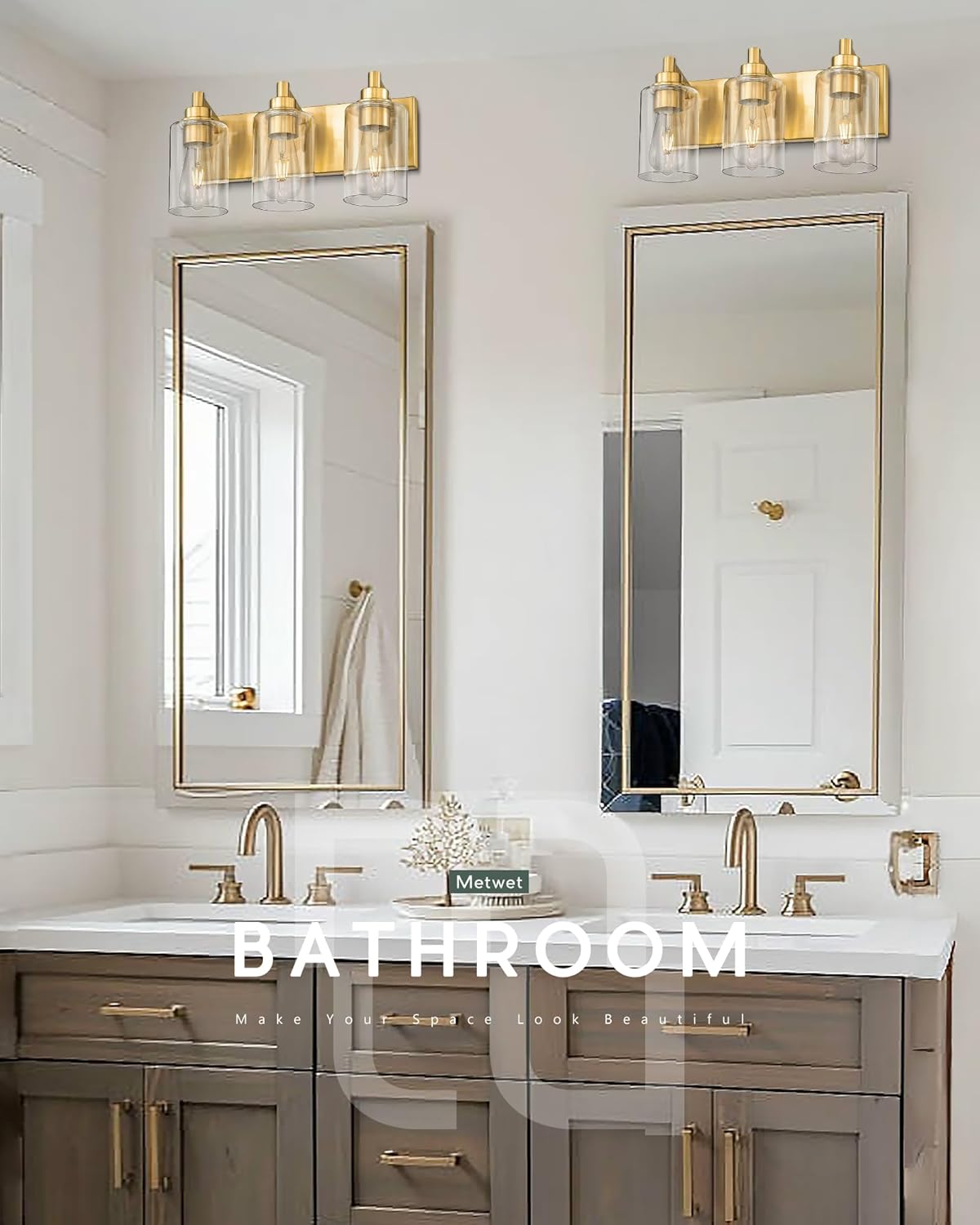 3-Light Bathroom Light Fixtures, Brushed Gold Vanity Light with Cylinder Clear Glass Shade, Modern