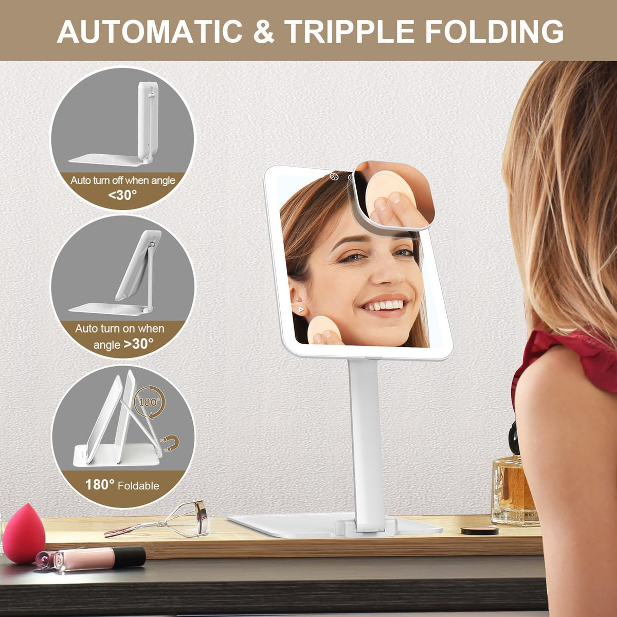 Mocado Travel Makeup Mirror with Light - 7x5 Inches Tripple Folding Travel Mirror with Light, 3