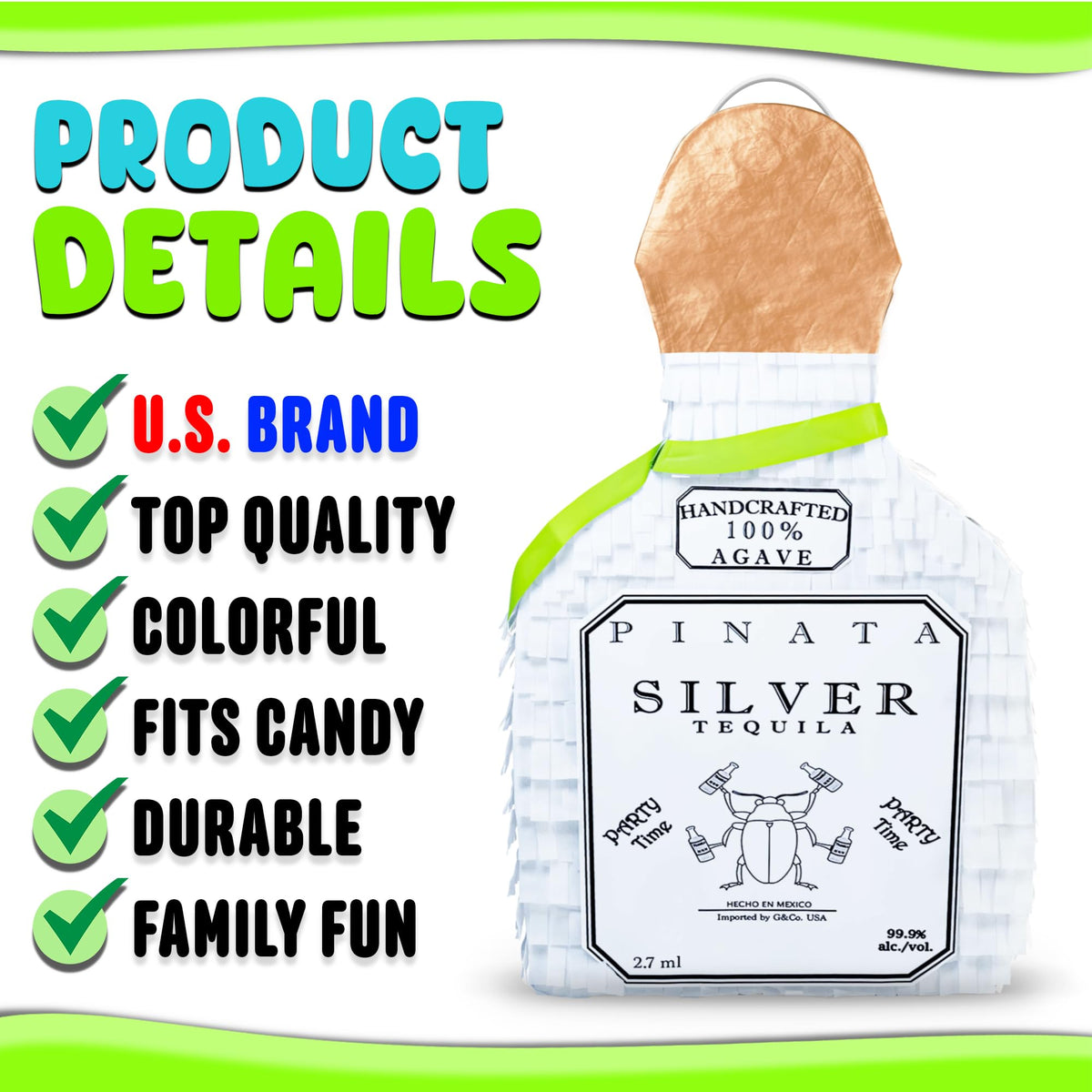 Jergrim White Tequila Bottle Piñata 4-piece set, 16x11x3 inches, Perfect for Party Decorations