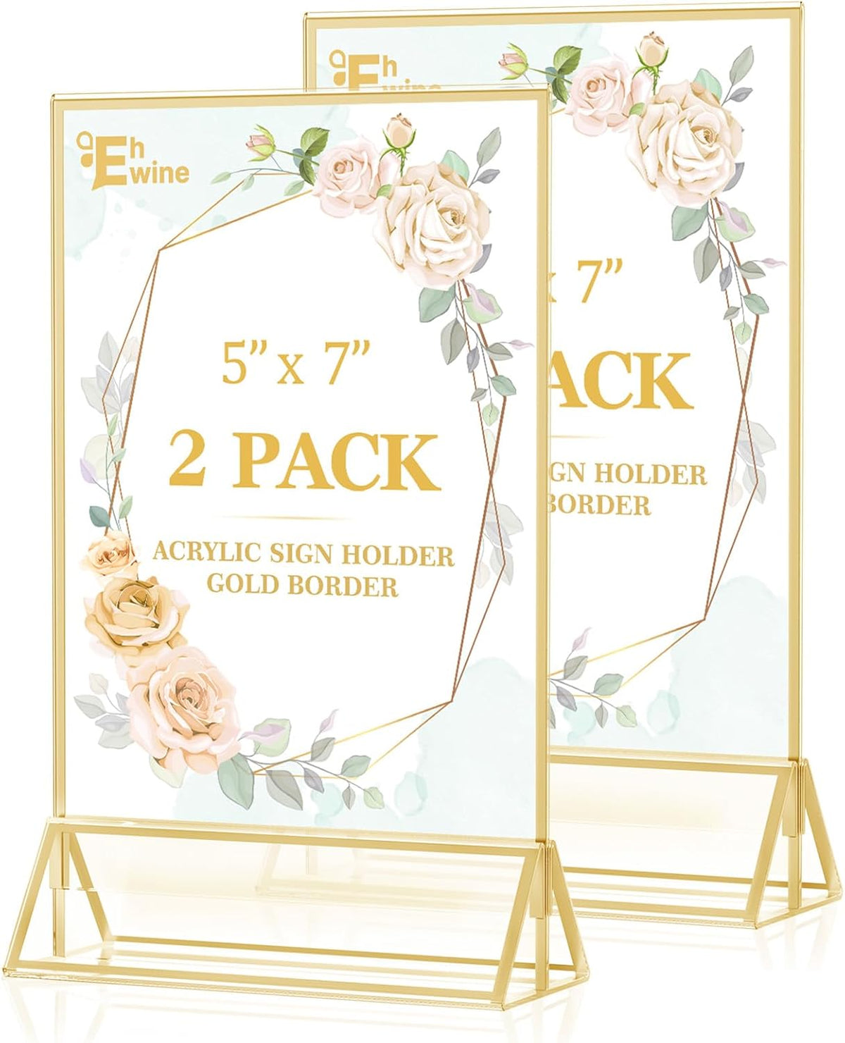 EHWINE 2 Pack Acrylic Sign Holder 5 x 7, Double Sided Gold Picture Frame Stand up Table Top Sign