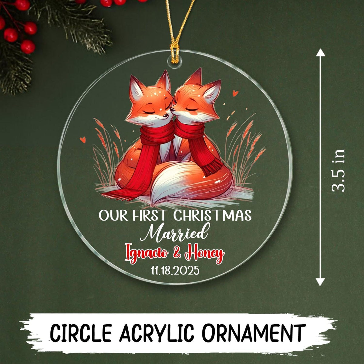 Personalized Date/Name Mr & Mrs Fox Married Christmas Ornament 2025, Our First Christmas Married