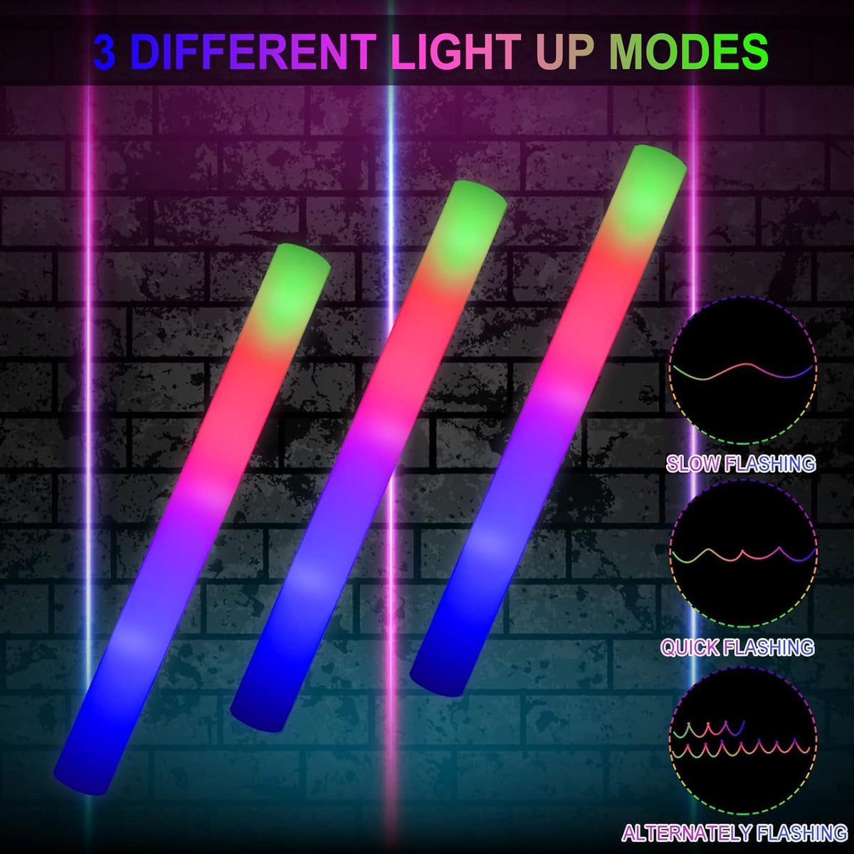 LifBetter Light Up Glow Sticks Bulk, LED Foam Sticks in The Dark with 3 Modes Flashing Led Foam
