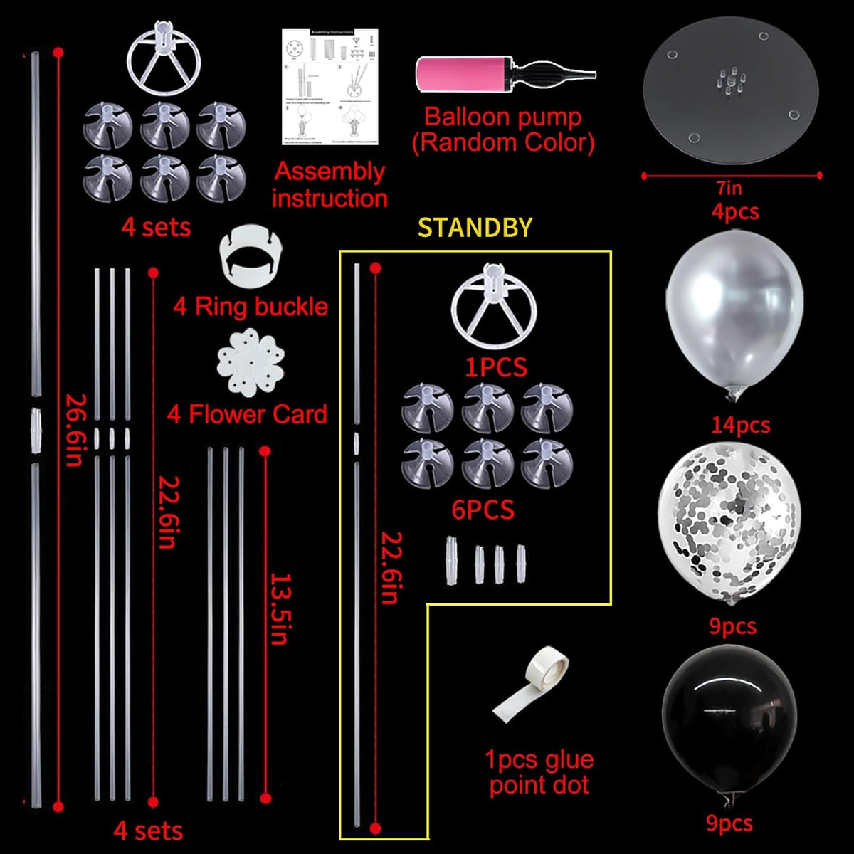 TONIFUL 4 Set Black and Silver Balloons Stand Centerpiece Table Decorations for Birthday, Baby