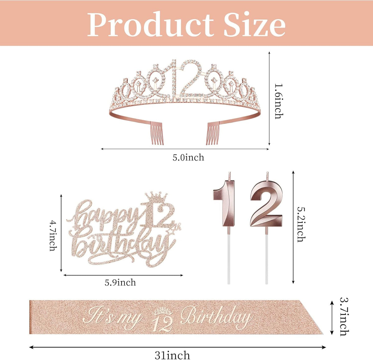 12th Birthday Decorations for Girls Including Sash, Crown/Tiara, Candles and Cake Topper, Rose Gold