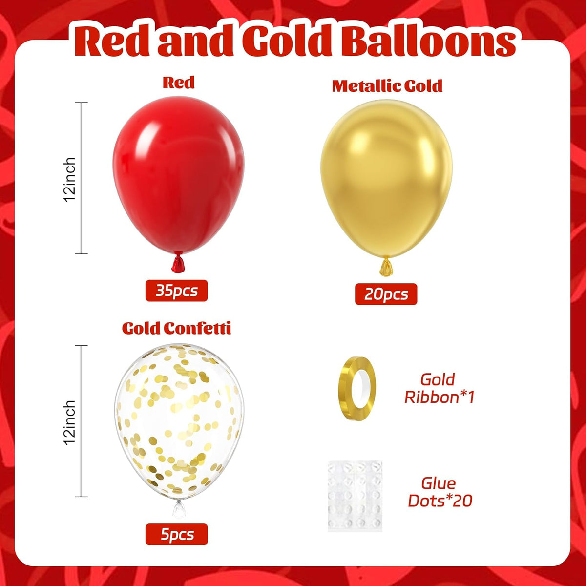 60pcs Red and Gold Balloons 12inch, Red and Gold Party Decorations with Confetti Balloons for