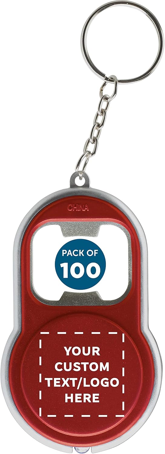 DISCOUNT PROMOS Custom Bottle Opener & LED Keychains Set of 100, Personalized Bulk Pack - Perfect