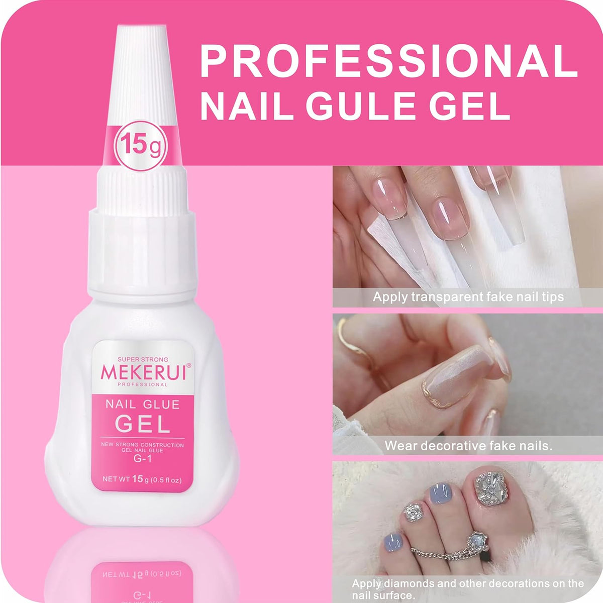 Super Strong Nail Glue Gel (15g) for Press on Nails,Drip and Clog Proof,7S Quickly Dry Without UV