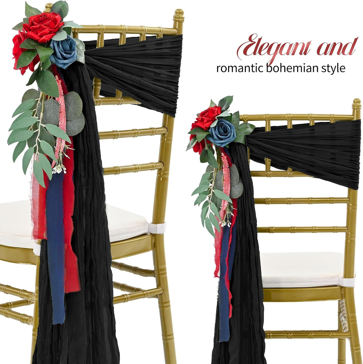50 PCS Cheesecloth Chair Sashes Bows Wedding Aisle Decorations Chair Ribbon Ties Back Sash for