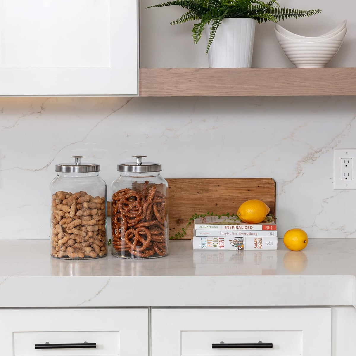 2 Large 1-Gallon Glass Canister Sets for Kitchen Counter with Stainless Steel Airtight Lids +