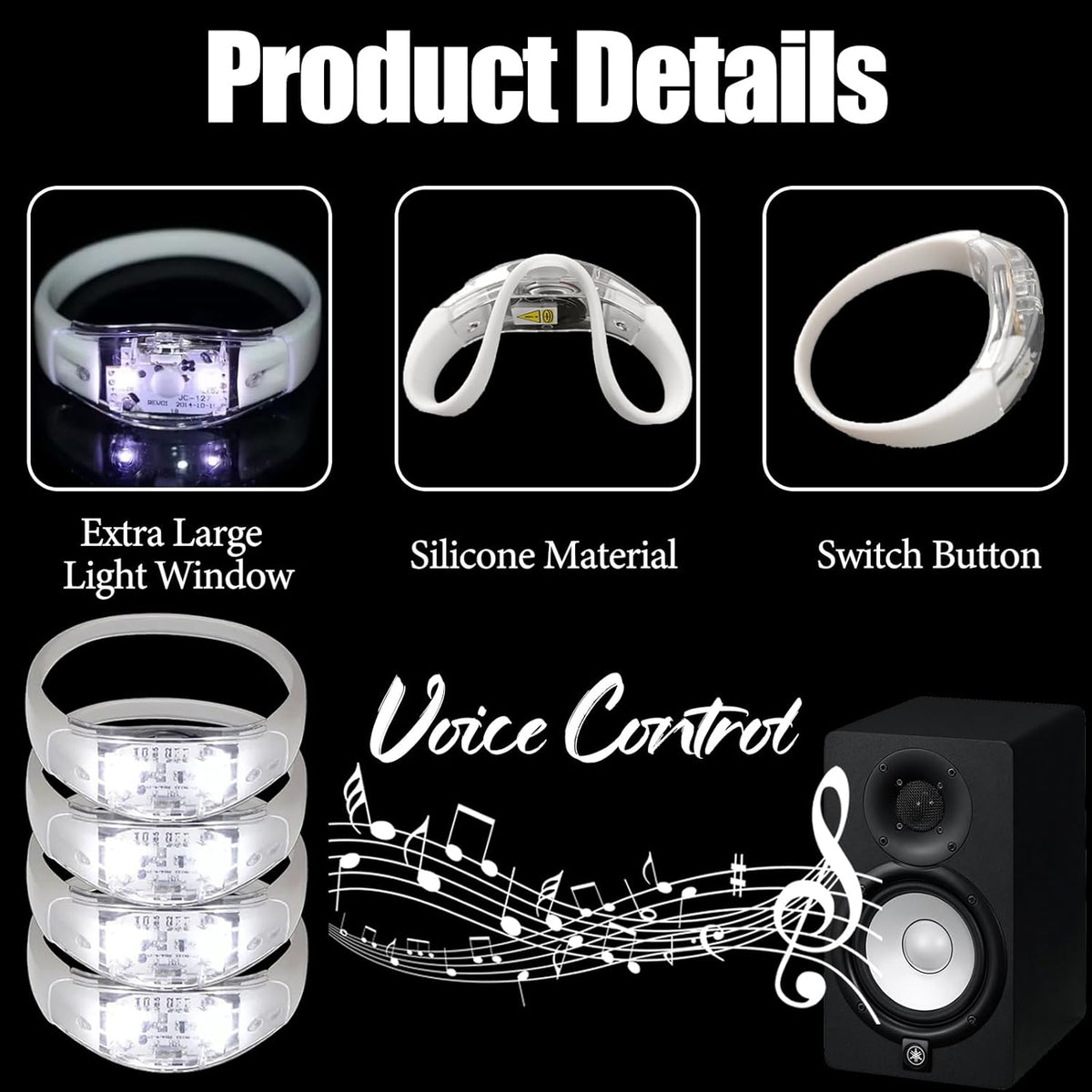 100 Pcs LED Bracelets Sound Activated with Flashing LED Strobe Music Control Light Up Bracelets for