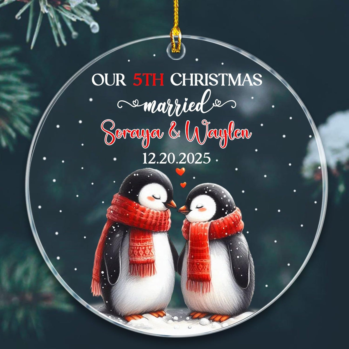 Our 5TH Christmas Married Ornament 2025, Customized Date & Name Mr & Mrs Penguin Xmas Ornament Gift