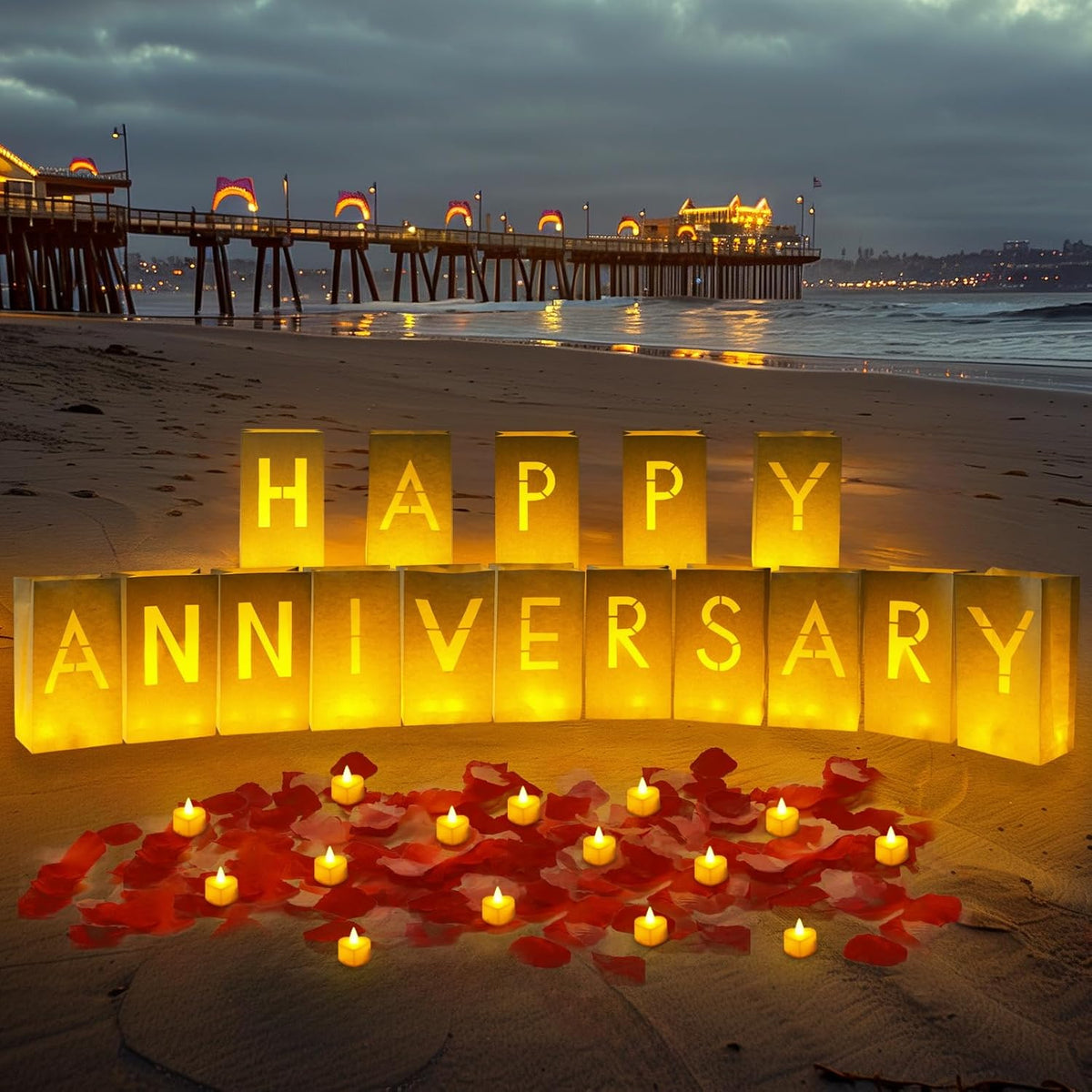 Homemory Happy Anniversary Decoration Light Up Letters with Flameless Candles and Fake Rose Petals