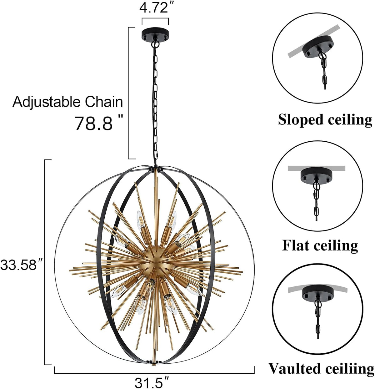 31.5" Black Gold 16-Light Globe Sputnik Chandelier Modern Industrial Adjustable Hanging Ceiling