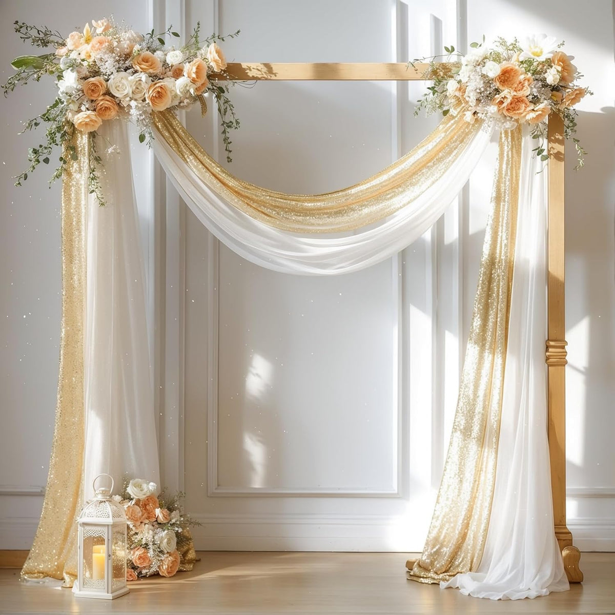 Wedding Arch Draping Fabric, 1 Panel 28" x19ft White Arch Drapes & 1 Panel 16" x19ft Champagne