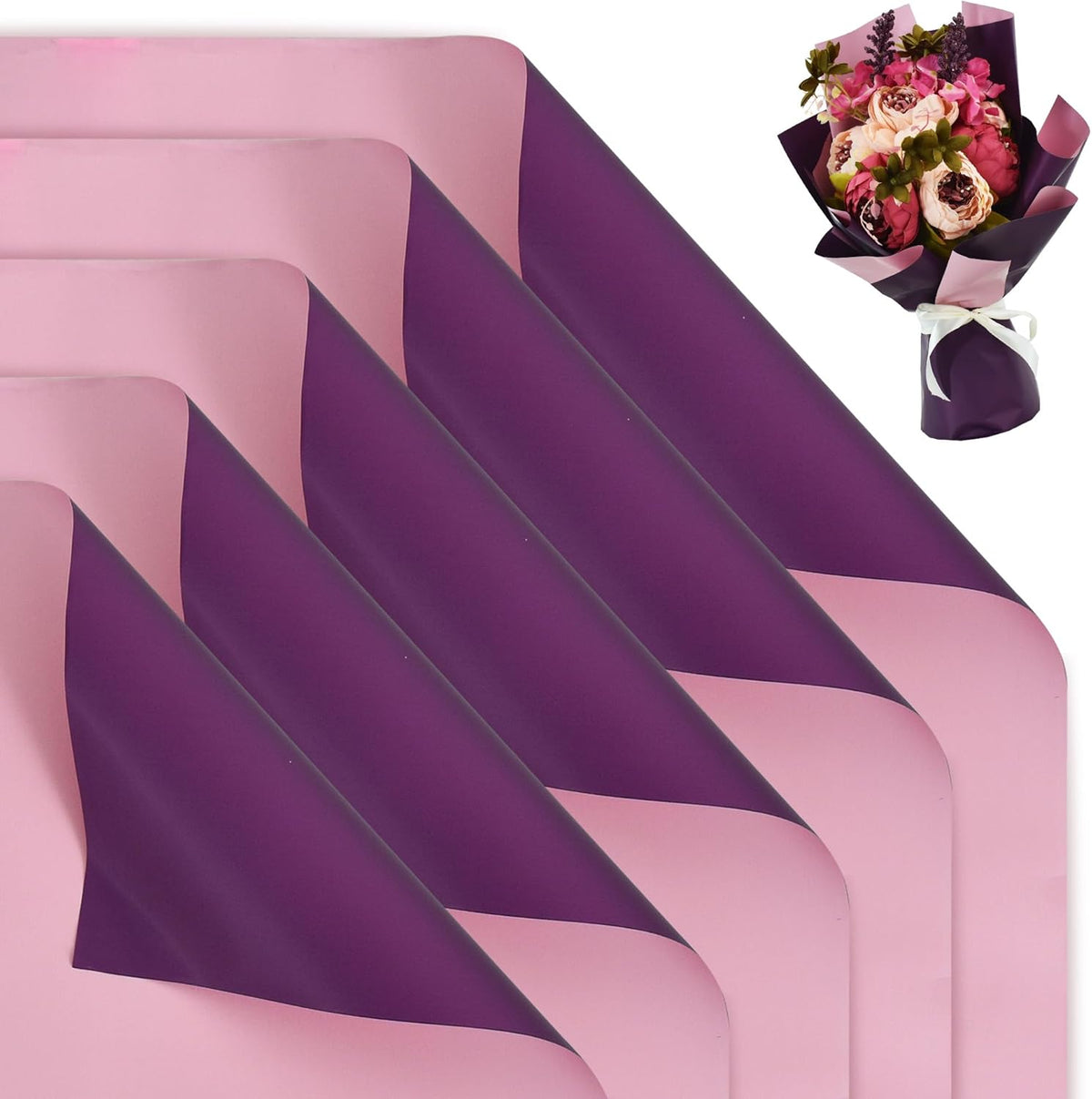 BEISHIDA 20Pcs Pink and Purple Double Sided Floral Wrapping Paper Matte Waterproof Flower Bouquet
