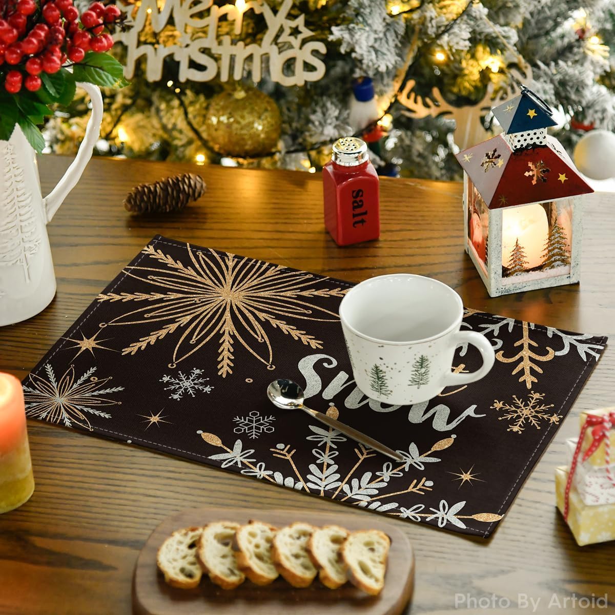 Artoid Mode Black Snowflake Let It Snow Winter Placemats Set of 4, 12x18 Inch Seasonal Christmas