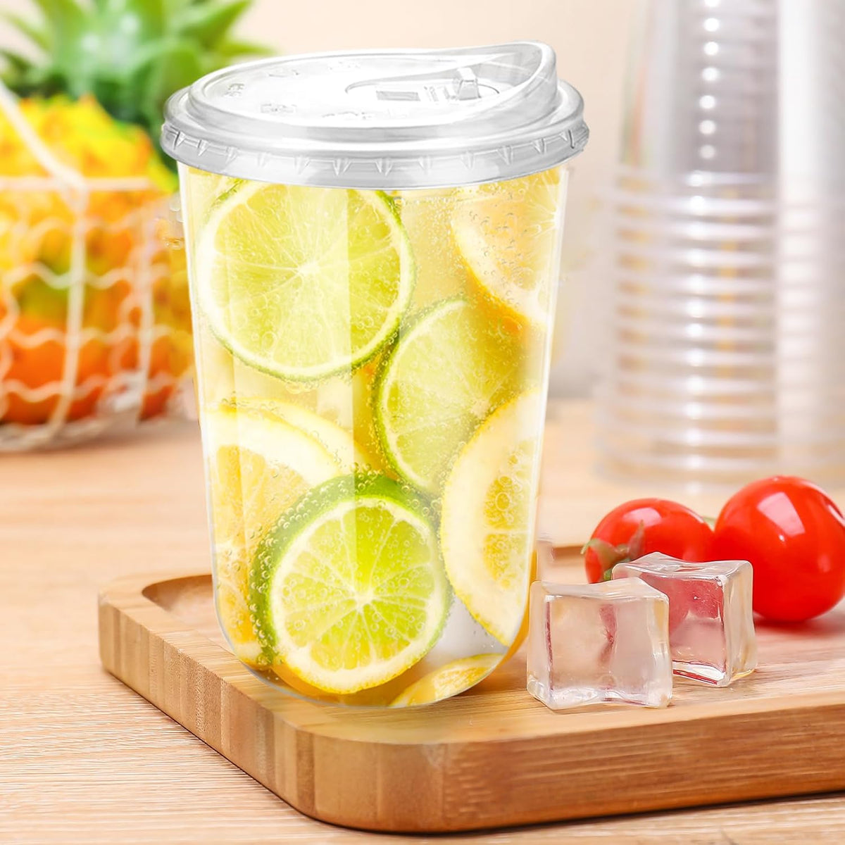 16oz Disposable Stemless Glasses With Strawless Sip Lids,PET Disposable Drinking Cups,Clear Plastic
