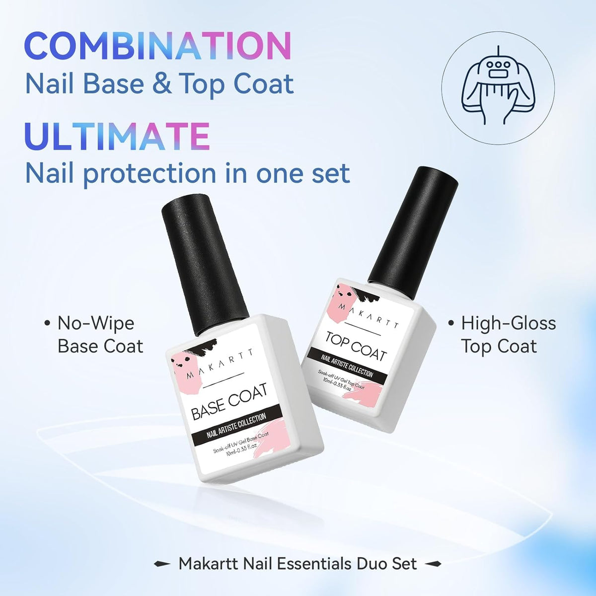 Makartt 2 Pcs Gel Top Coat and Base Coat Set - No Wipe Shine Finish Soak Off Base Top Coat Long