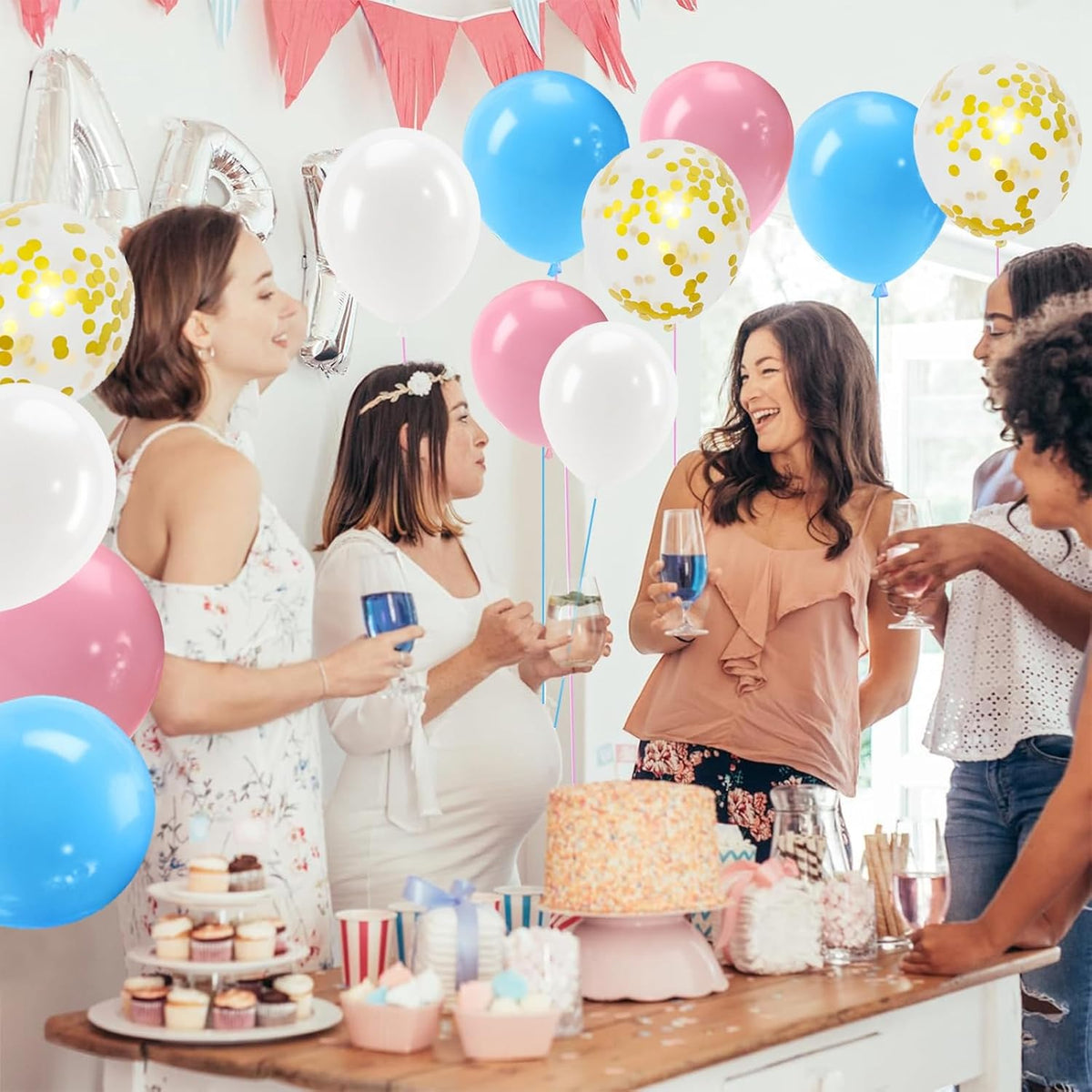 Patimate Gender Reveal Pink and Blue Balloons Set, 50 pcs 12 inch Pastel Blue Pink White Confetti