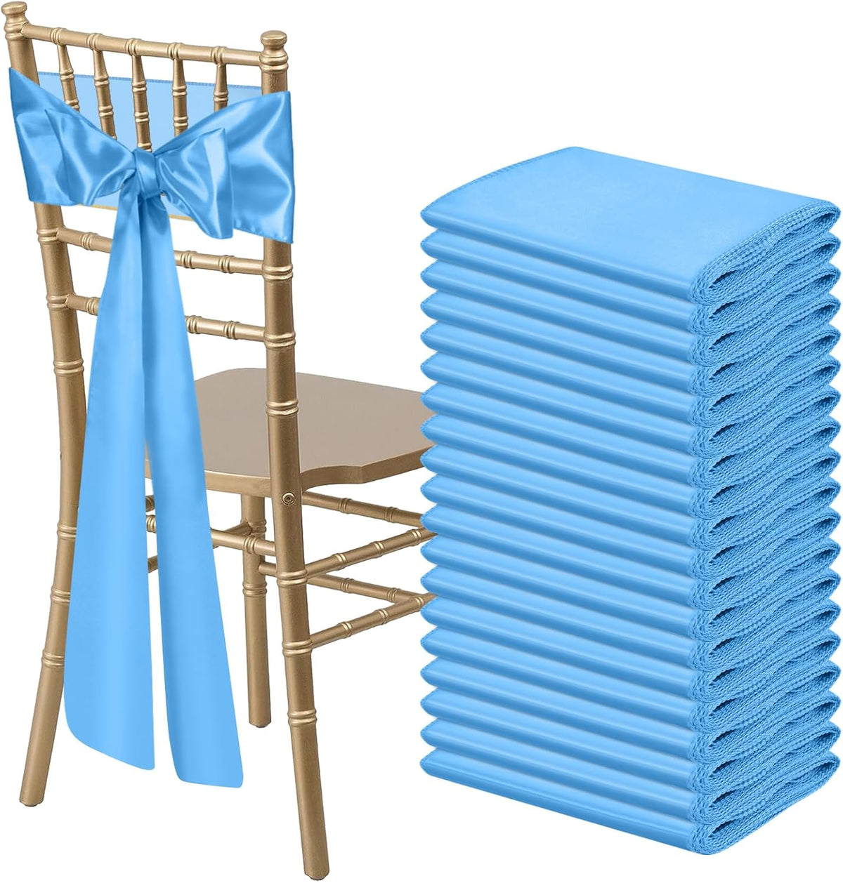 50 PCS Baby Blue Satin Chair Sashes Bows Universal Chair Ribbon Ties Back Sash for Wedding Party