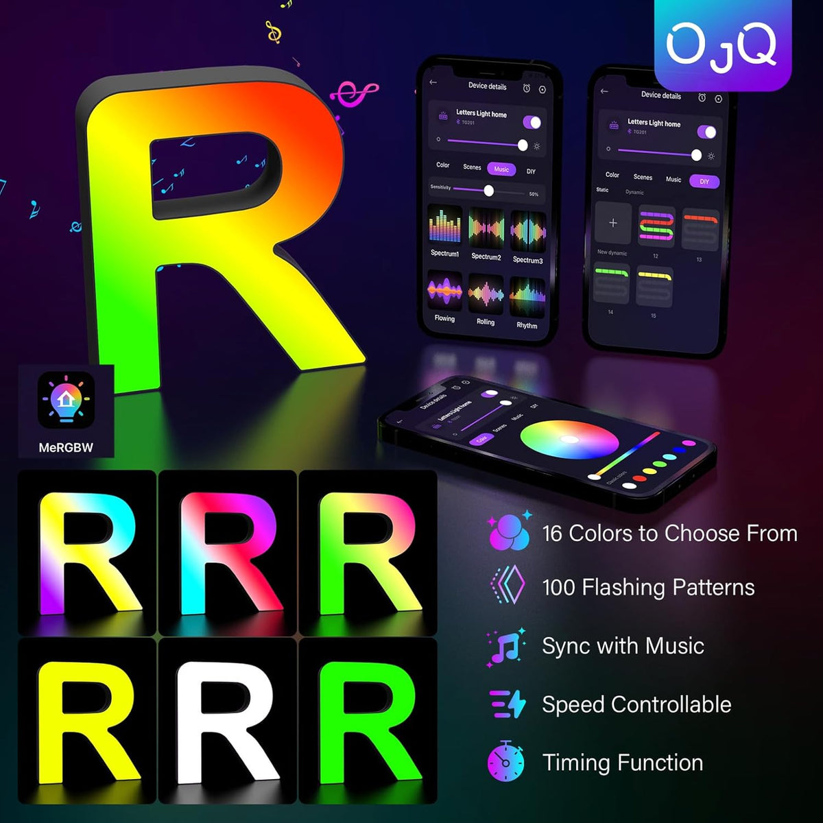 OJQ Light Up Letters LED Letter - Marquee Letters Room Decor Alphabet Letter Music Sync Color