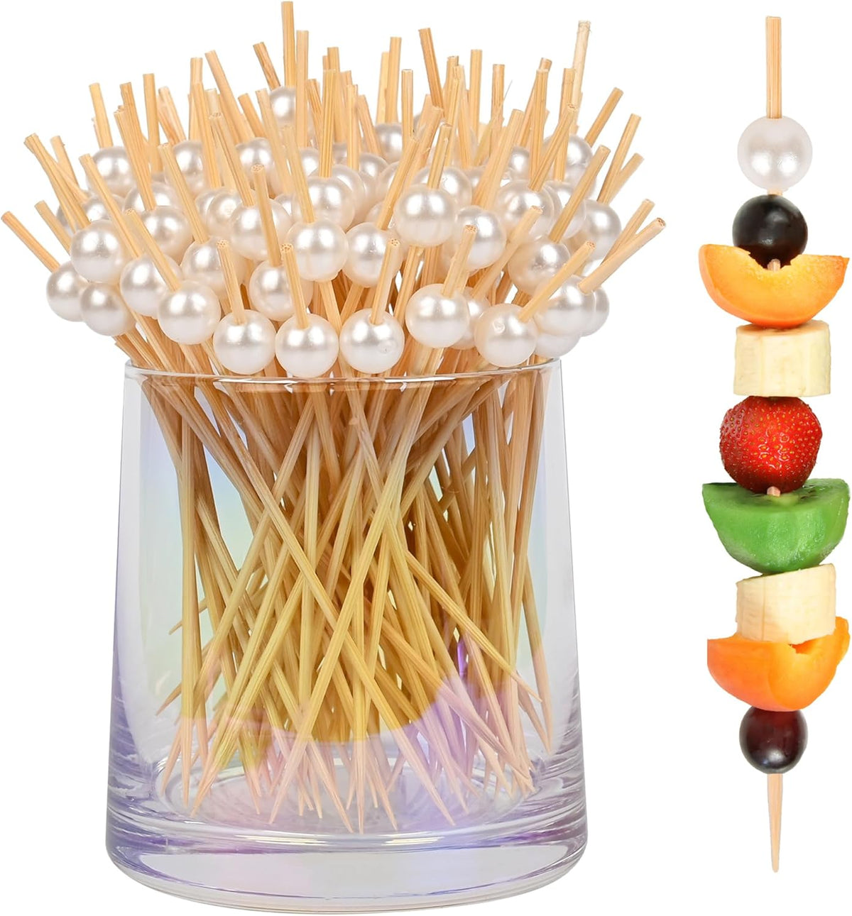 300Pcs Fancy Toothpicks for Appetizers,4.7Inch White Pearl Cocktail Picks For Drinks,Bamboo