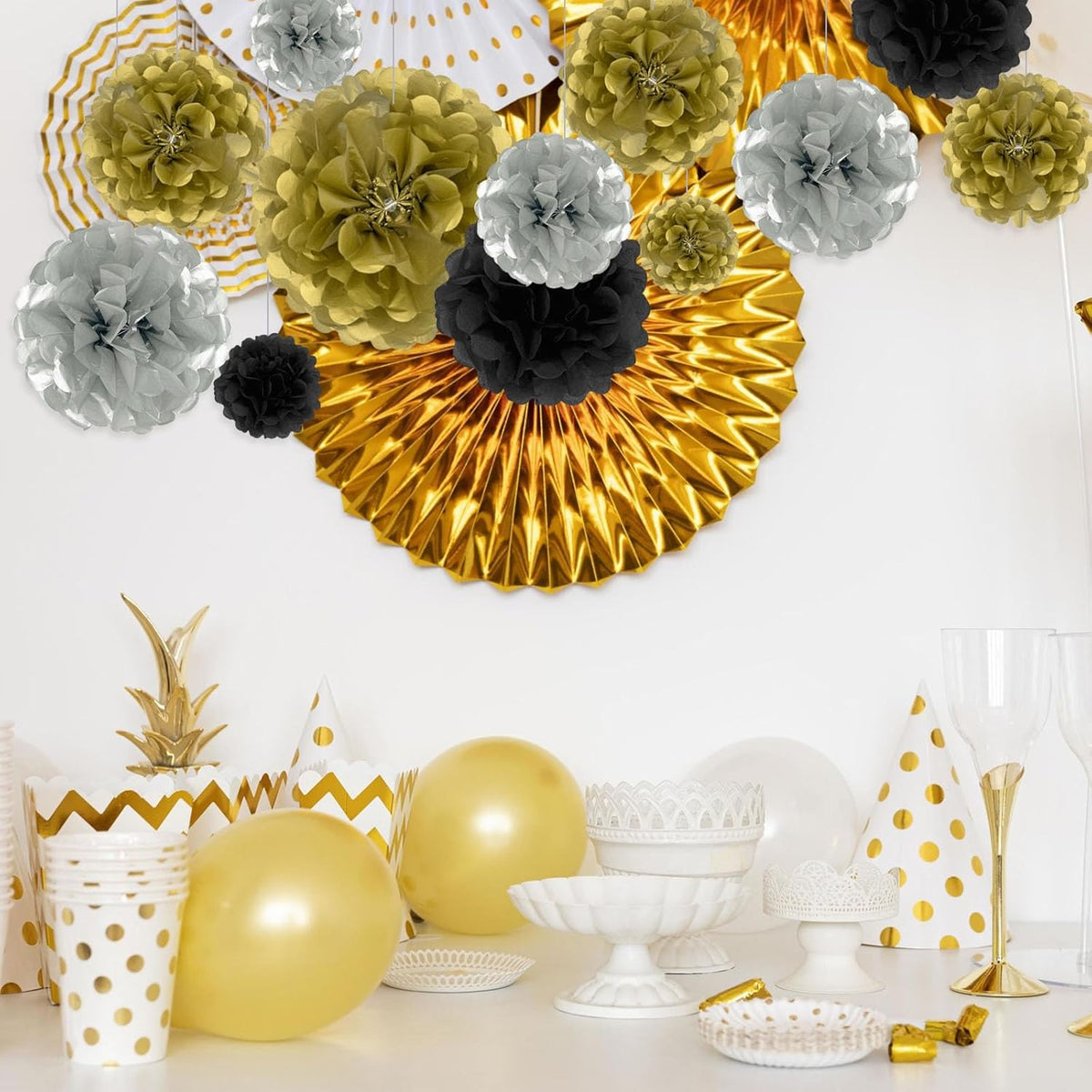 Tissue Paper Pom Poms, Black Gold Silver Tissue Paper Flowers, Hanging Flower Balls for Weddings