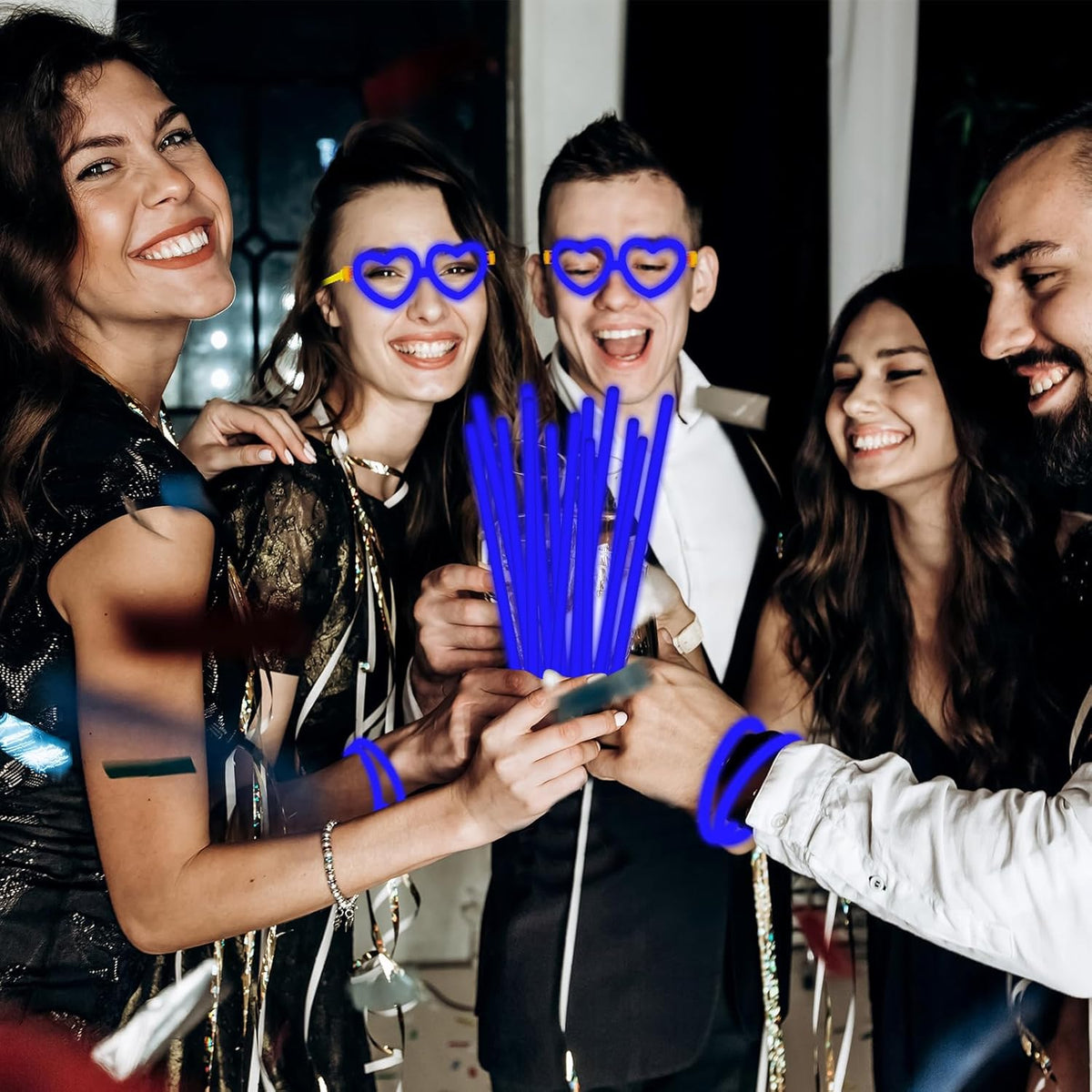 60 Pack 8” Blue Glow Sticks Bulk Bright Glow Sticks with 60 Connectors 20 Heart Glasses Glow In The