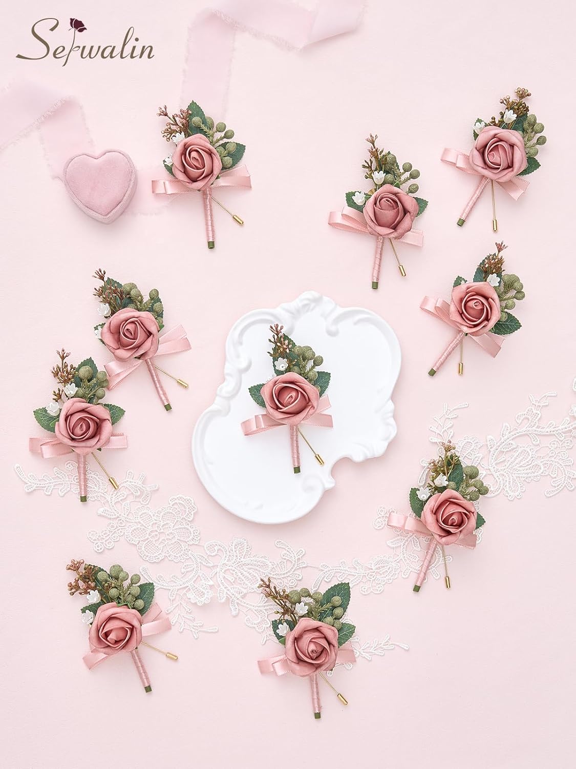Serwalin 10Pcs Boutonniere for Men, Pink Groom and Best Man Boutonniere, Artificial Flowers for