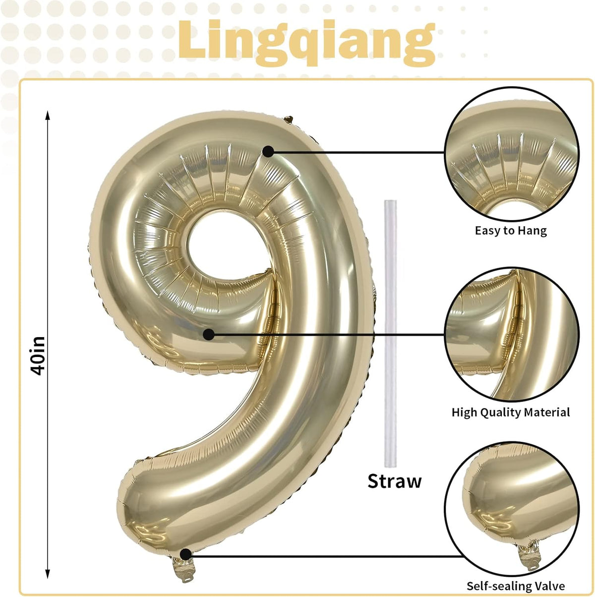 40 Inch Champagne Gold Foil Balloon Number 9, Large Self Inflating Light Gold Number Balloons 0-9