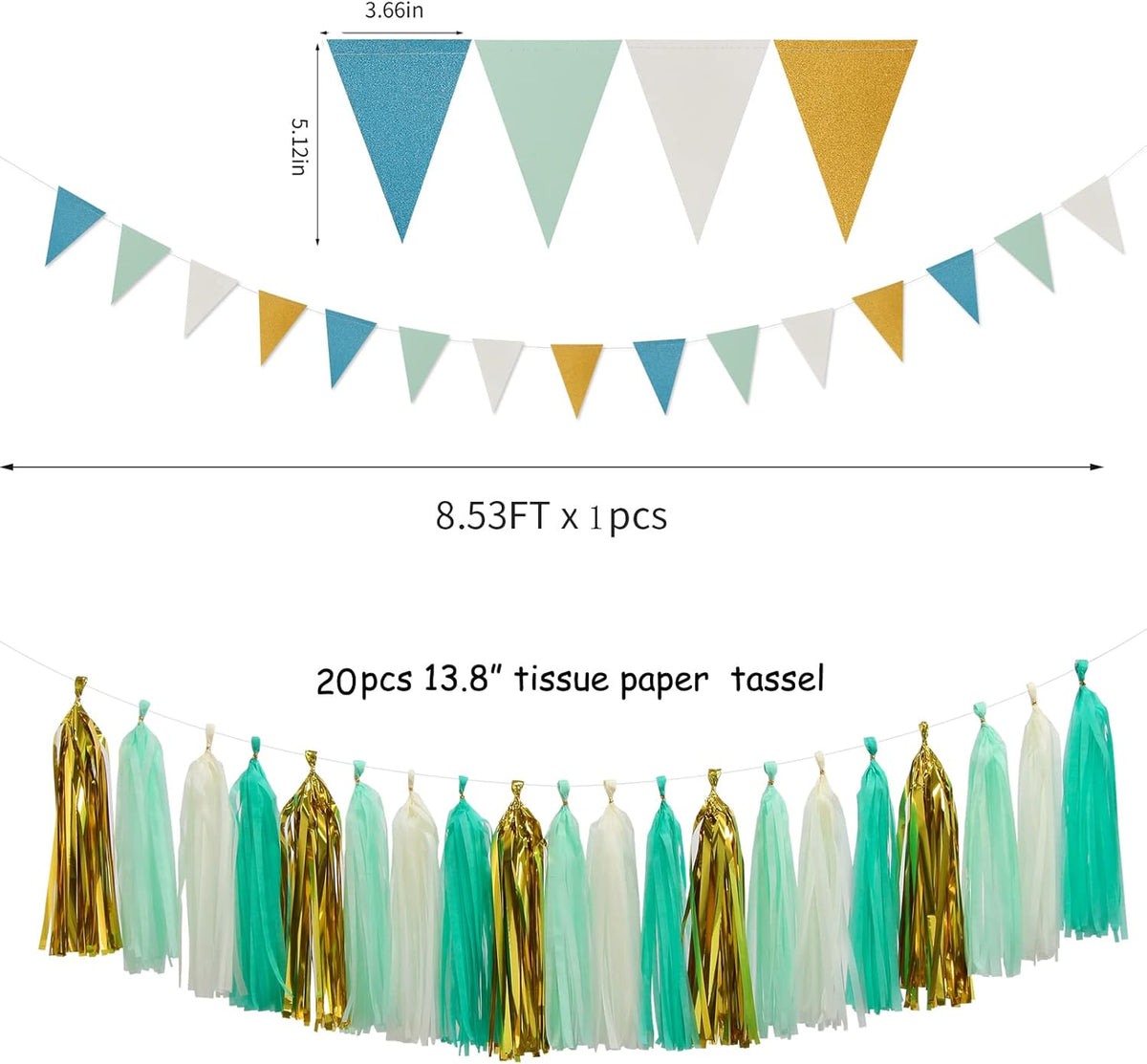 Teal-Blue Mint Beige-Gold Party Decorations - 30pcs Rustic Wedding Tissue Pom Poms Streamers,Tassel