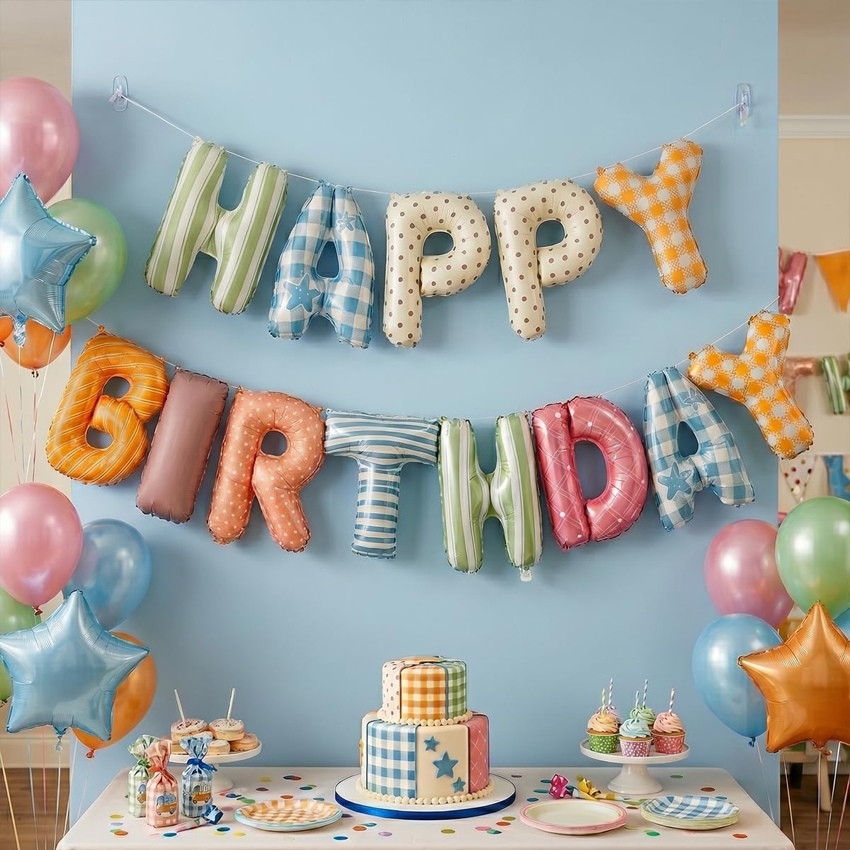 Vrukiaa Colorful Happy Birthday Banner Foil Letter Balloon, 14 Inch 3D Plaid, Polka Dots, Stripes