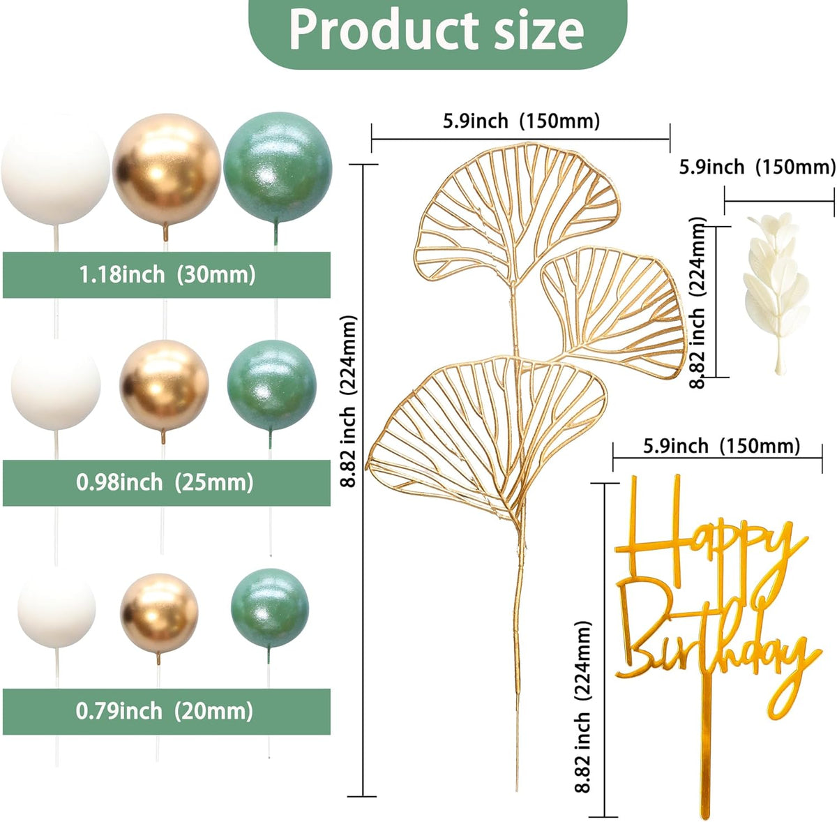 Gyufise 57Pcs Balls Cake Topper Boho Grass Cake topper Pearl Balls Acrylic Happy Birthday Cake