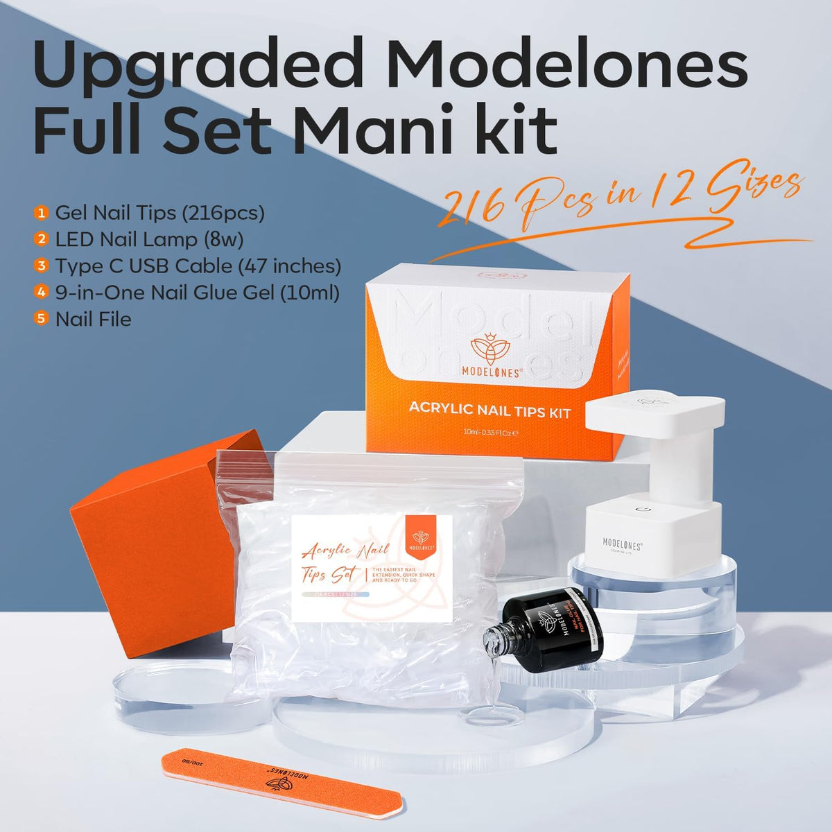 modelones Medium Almond Gel Nail Tips Kit, 9-in-One Nail Glue with Portable U V Lamp 216Pcs 12Sizes
