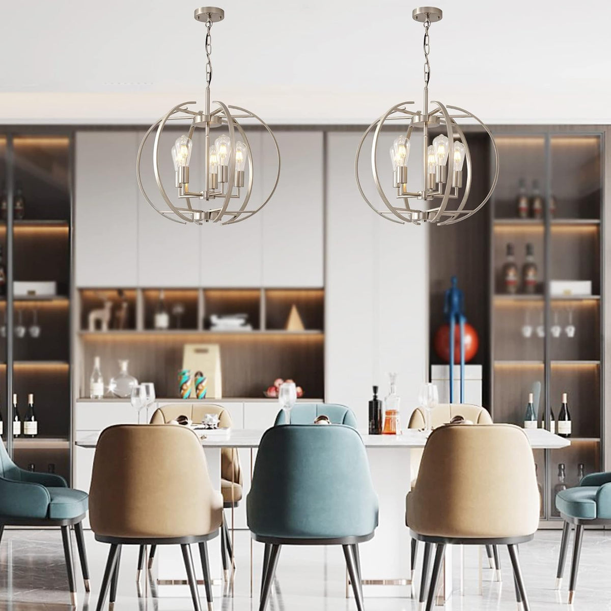 Large Lantern Globe Brushed Nickel Chandelier Lighting, Adjustable Hanging Ceiling Pendant 5 Light