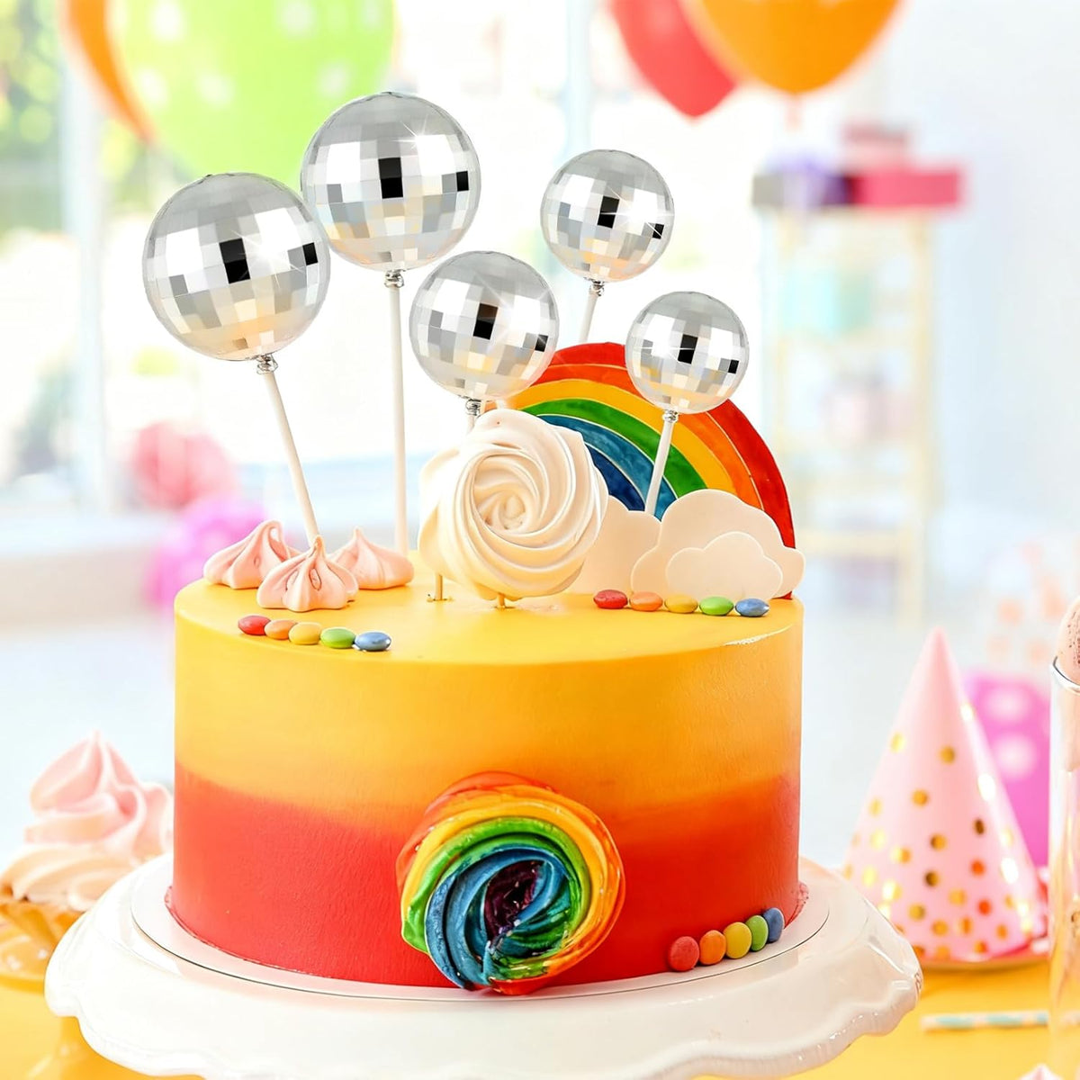 ASTARON 20 Pcs Disco Ball Cake Topper Decorations Sticks Silver Cake Balls Picks Toppers for