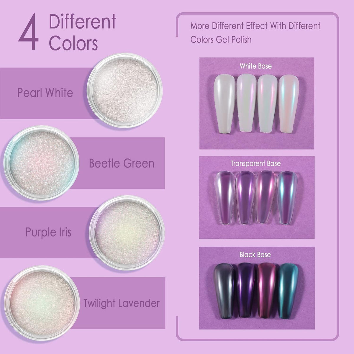 Allstarry Chrome Nail Powder 4 Colors Iridescent Aurora Powder Metallic Mirror Effect Pigment